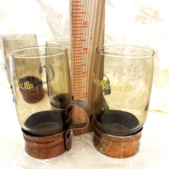 VTG Tia Maria Aperitif Smoked Glass Copper Color Metal Base w/ Handle Set of 4 - Picture 14 of 15